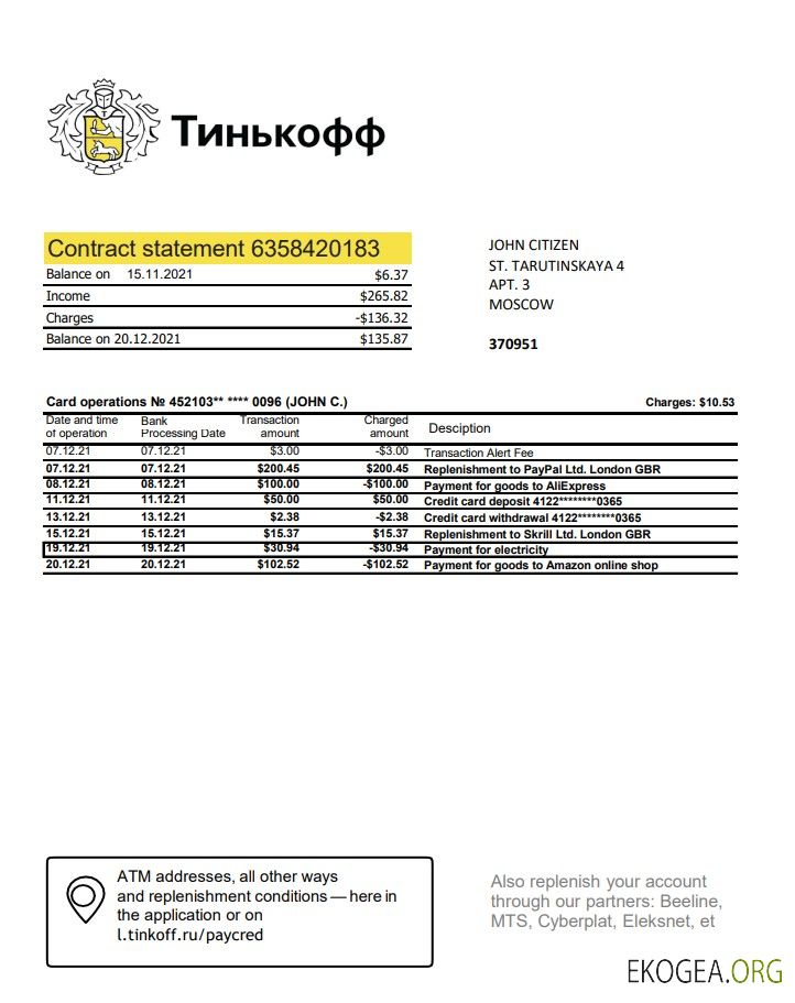 Russie Tinkoff (version anglaise) excel pdf